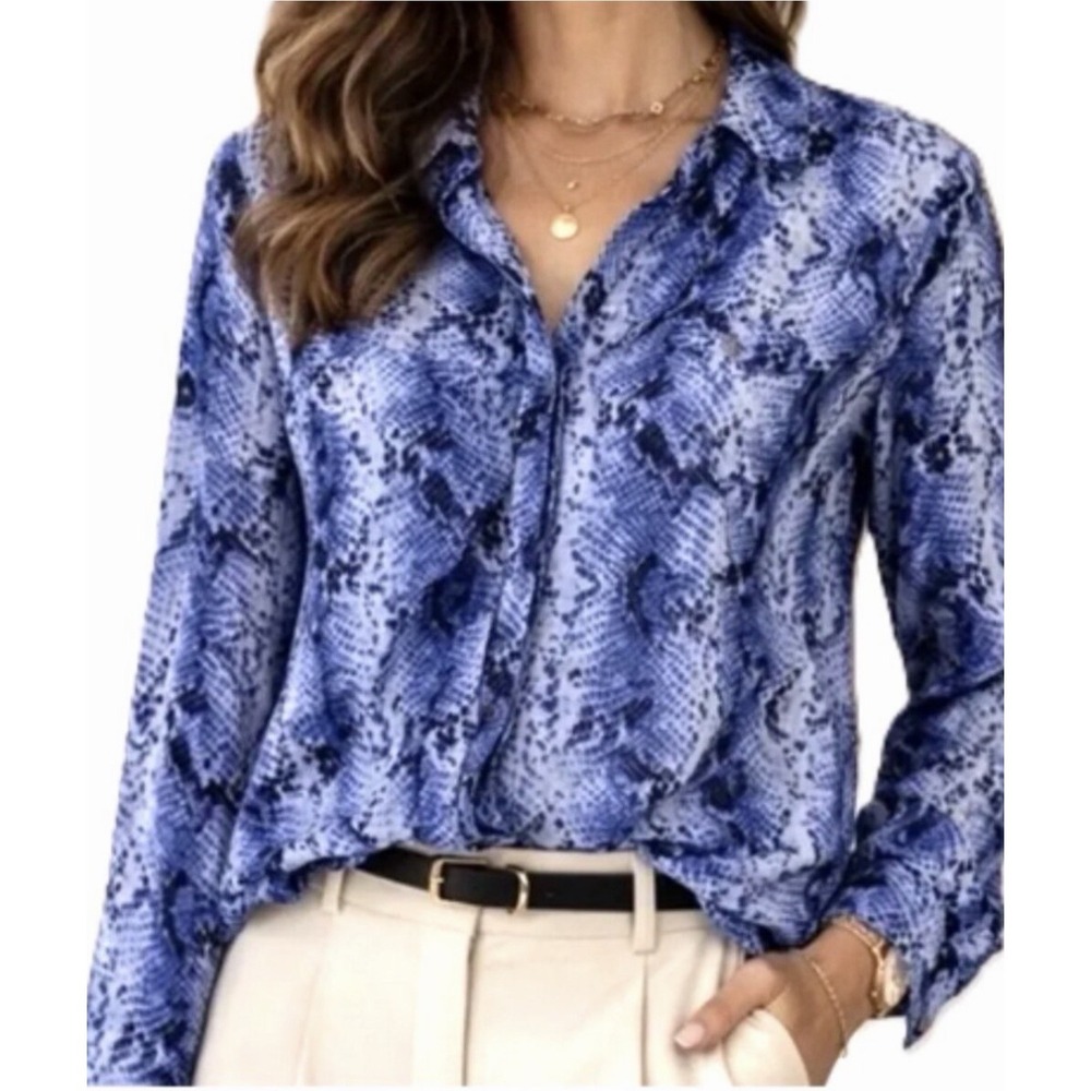 White House Black Market Size-4 Womens Blouse Blue Snakeskin 100% Silk Roll Tab